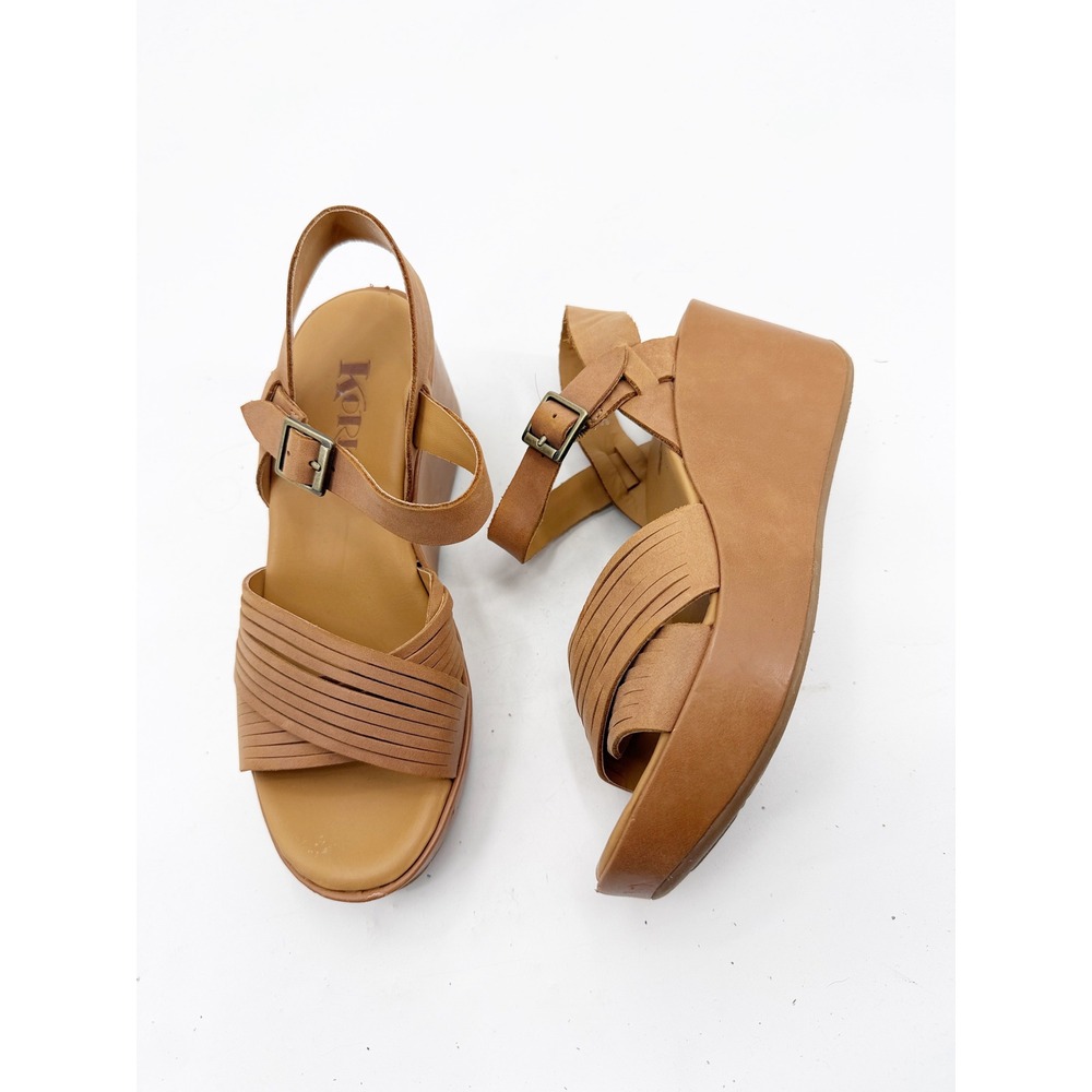 Korks Martinique Tan Leather Wedge Sandals Platform Ankle Strap 6M Q41906